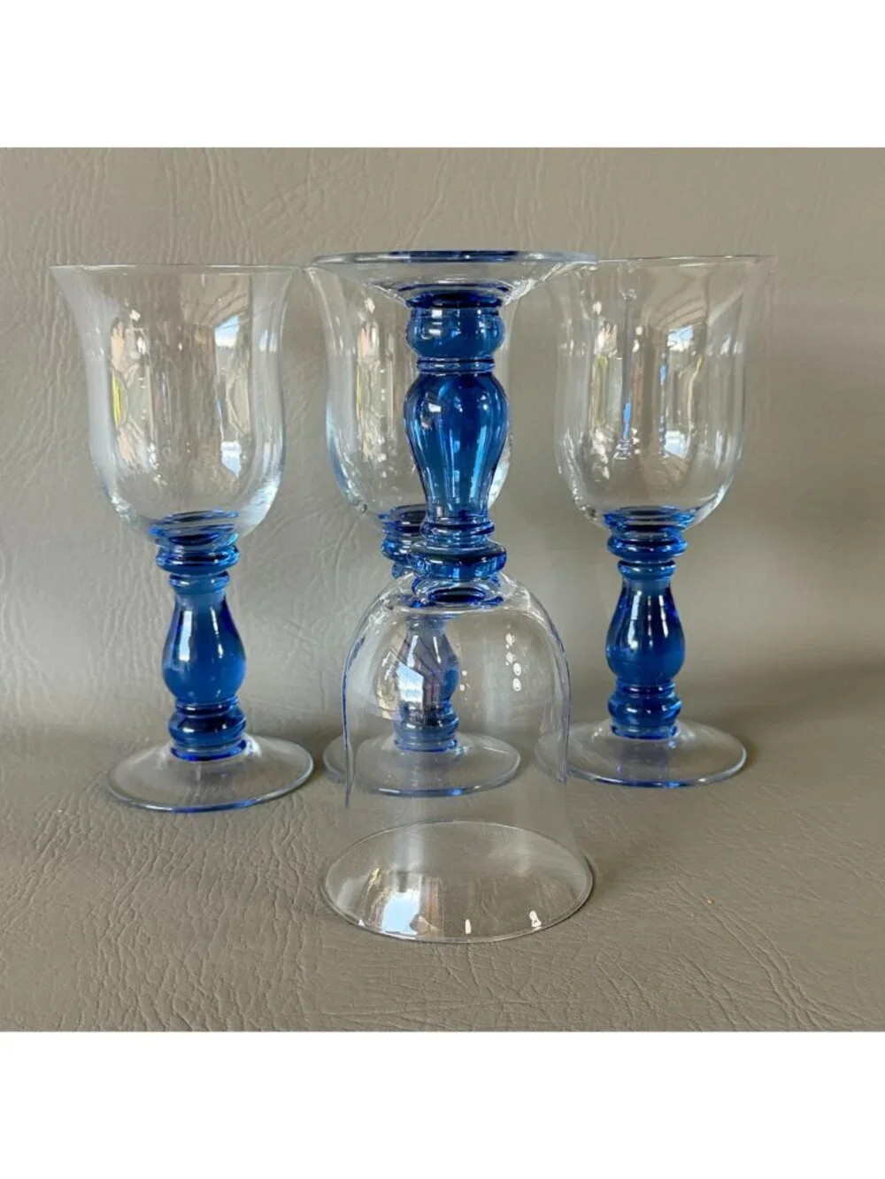 Vintage Royal Blue Stem Wine Glasses Water Goblets Tulip Clear Bowl Set of 4